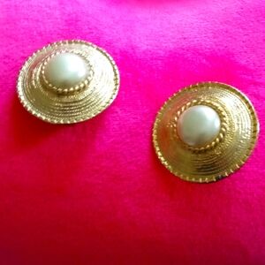 Goldtone Circular Earrings With Pearl Center. Clip On. Costume.